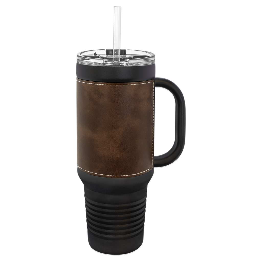 Black with Rustic/Silver Leatherette 40 oz. Travel Mug with Straw