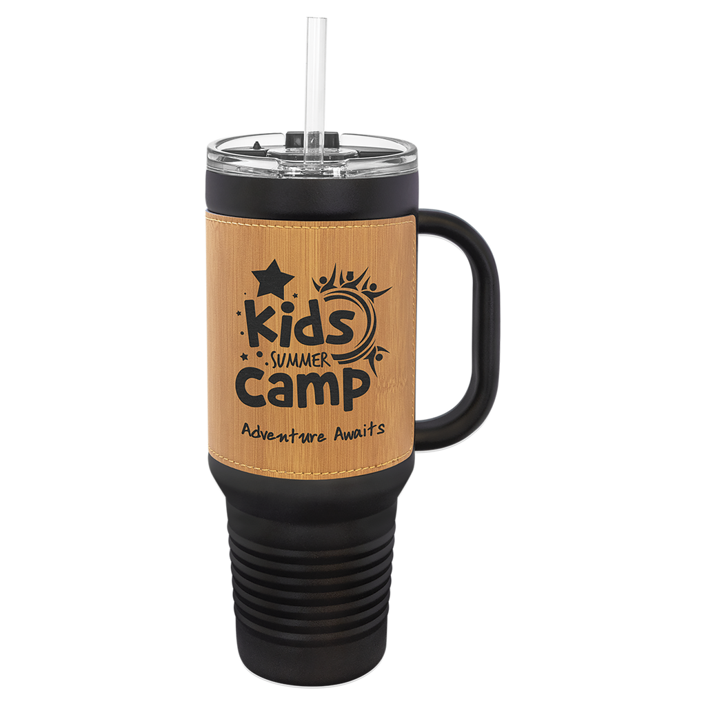 Black with Bamboo Leatherette 40 oz. Travel Mug with Straw