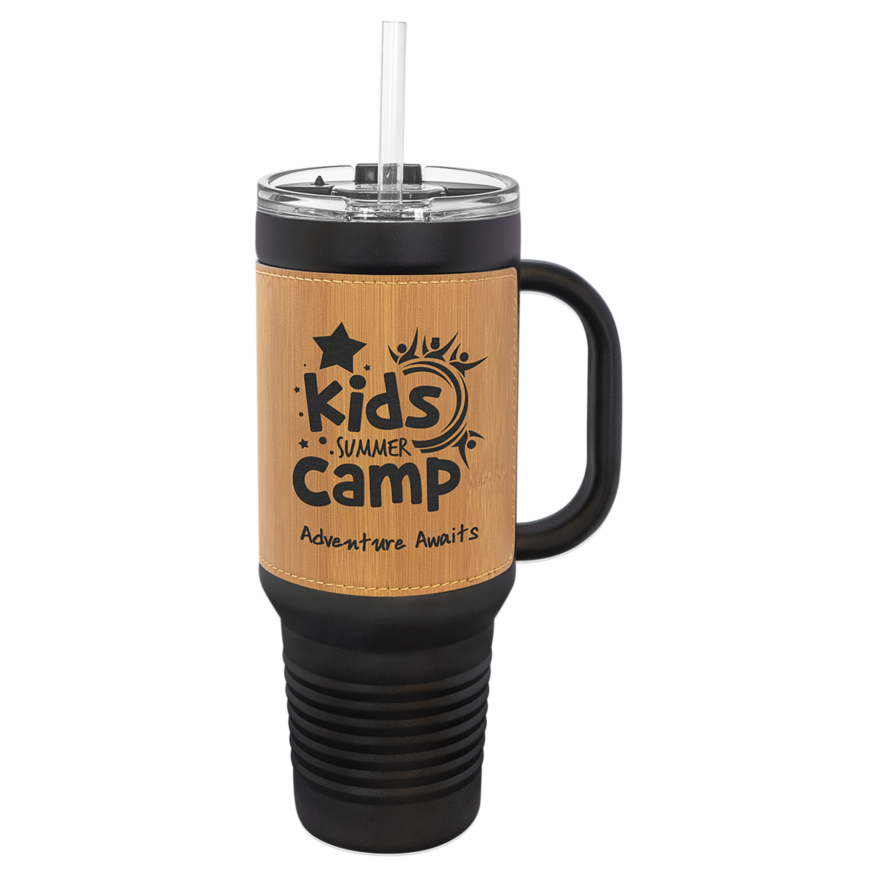 Black with Bamboo Leatherette 40 oz. Travel Mug with Straw