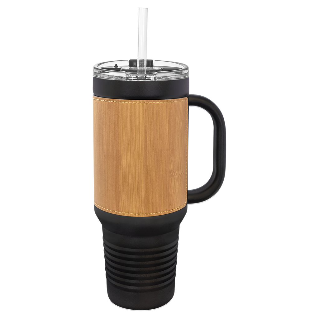 Black with Bamboo Leatherette 40 oz. Travel Mug with Straw