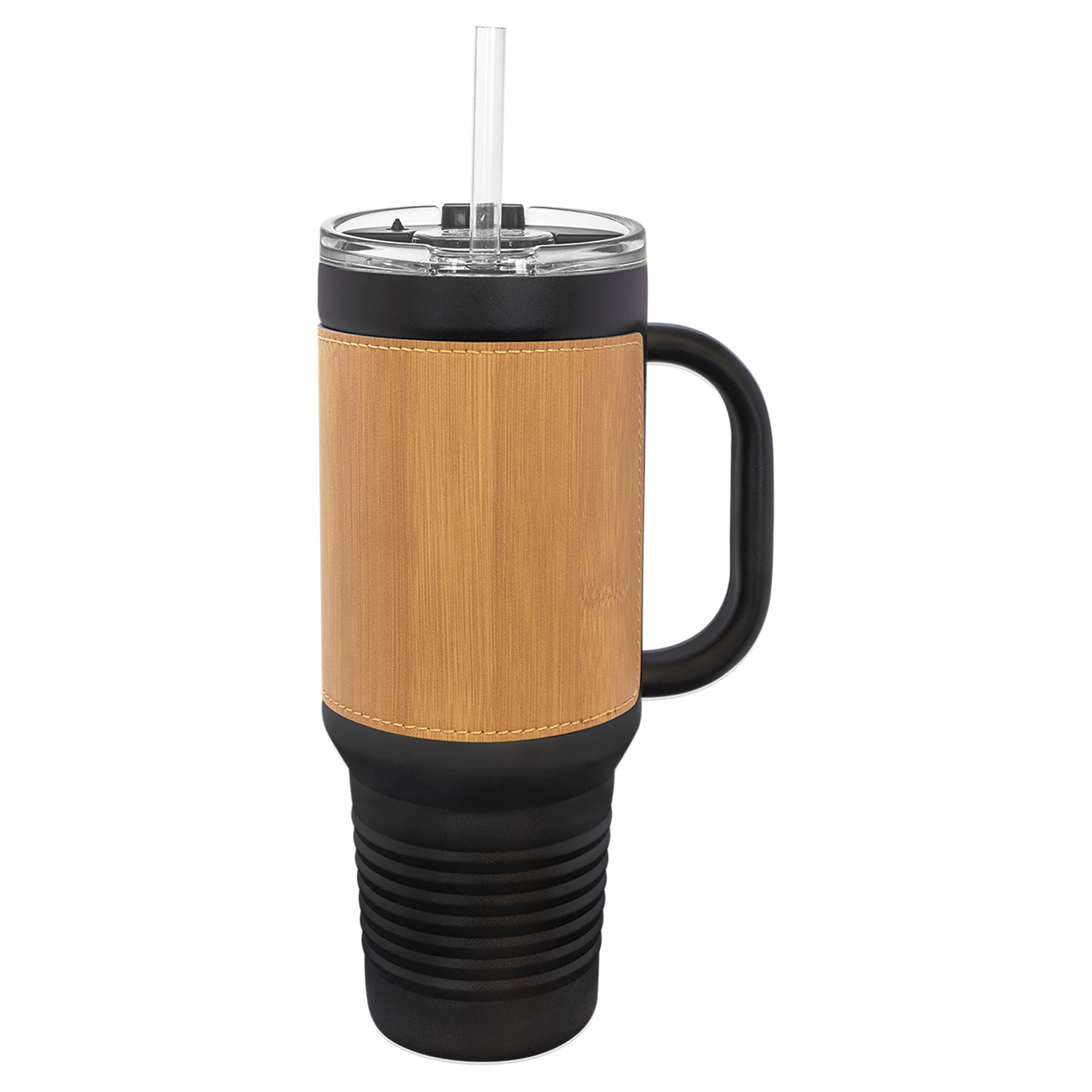 Black with Bamboo Leatherette 40 oz. Travel Mug with Straw