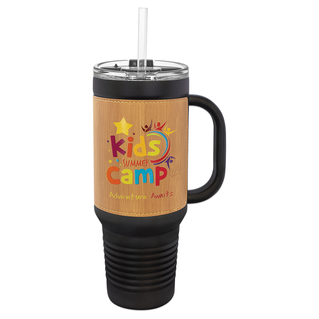 Black with Bamboo Leatherette 40 oz. Travel Mug with Straw