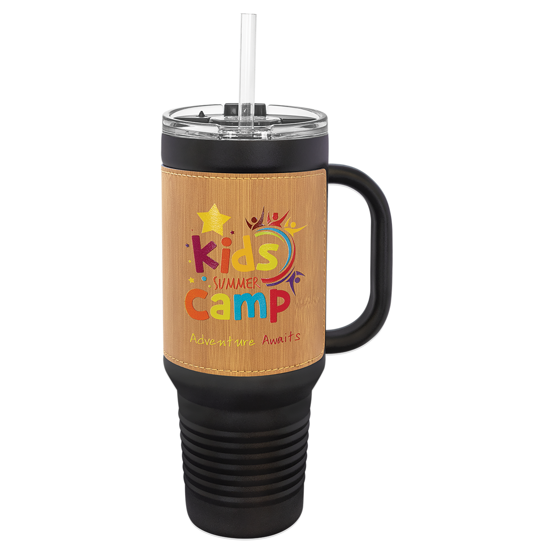 Black with Bamboo Leatherette 40 oz. Travel Mug with Straw