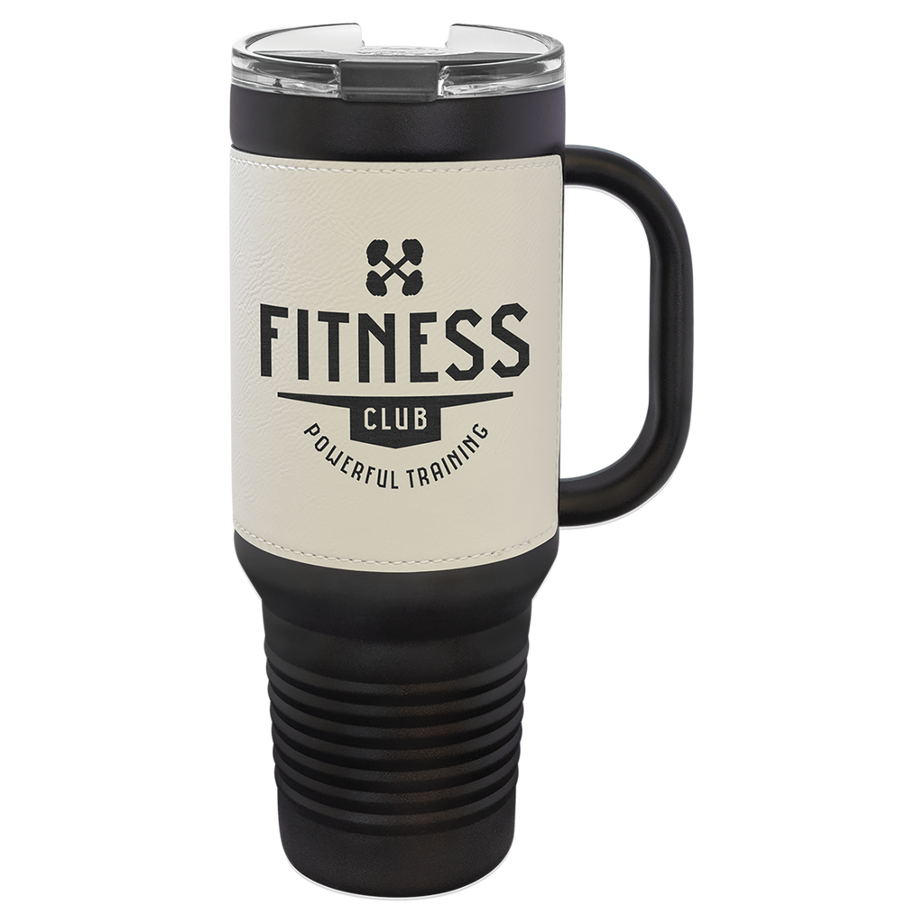 Black with White Leatherette 40 oz. Travel Mug with Straw