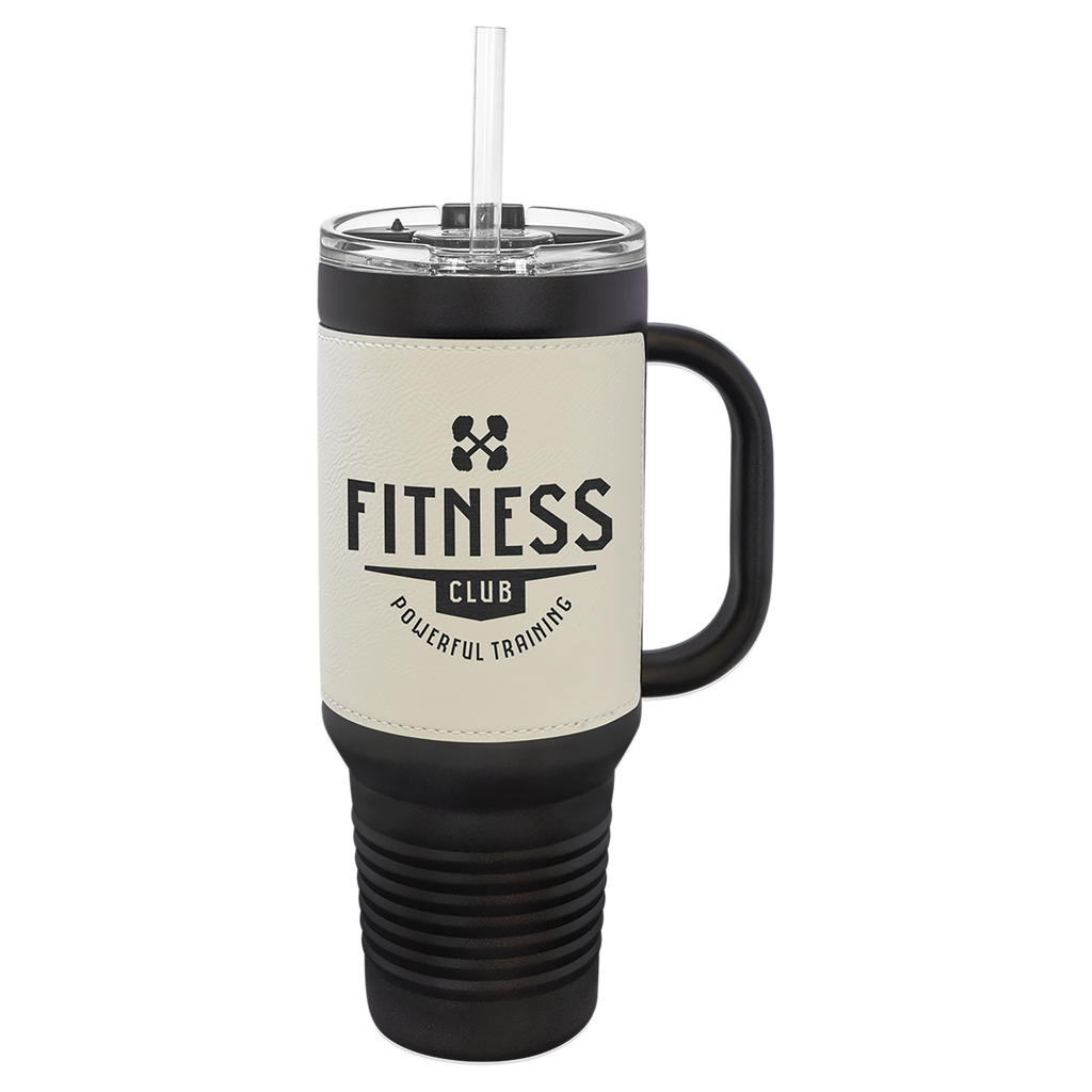 Black with White Leatherette 40 oz. Travel Mug with Straw