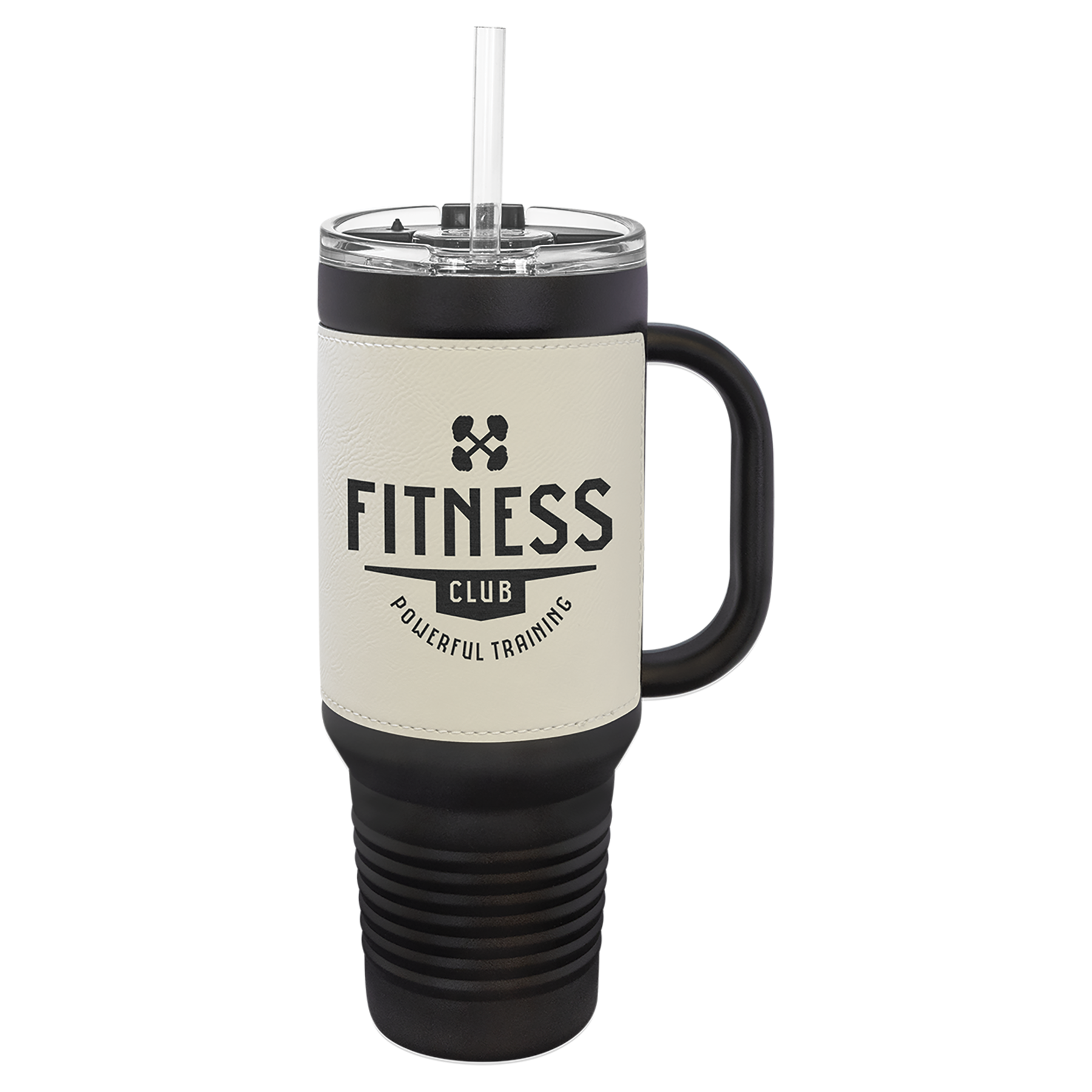Black with White Leatherette 40 oz. Travel Mug with Straw