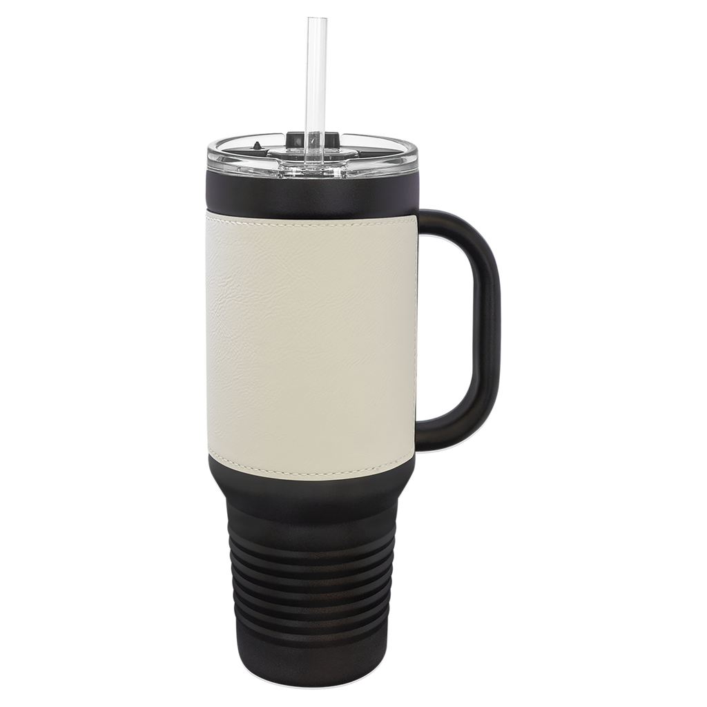 Black with White Leatherette 40 oz. Travel Mug with Straw