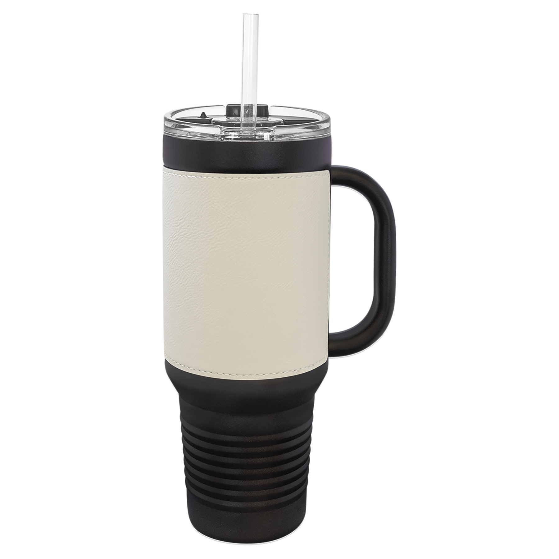 Black with White Leatherette 40 oz. Travel Mug with Straw