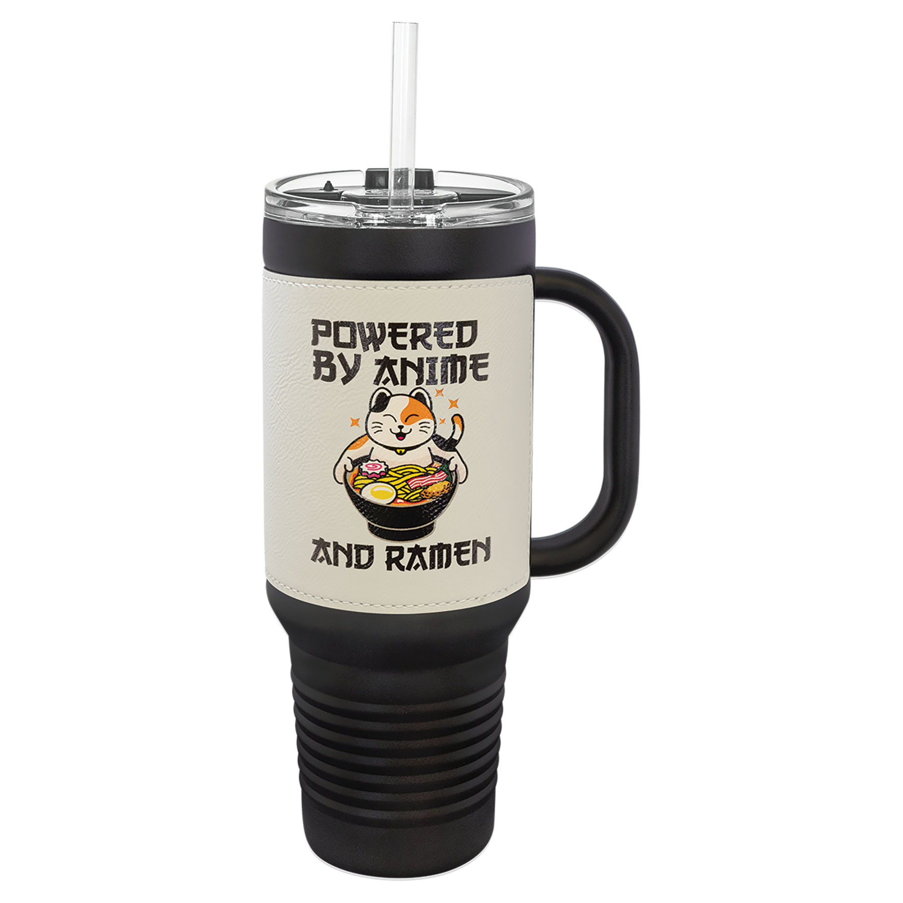 Black with White Leatherette 40 oz. Travel Mug with Straw