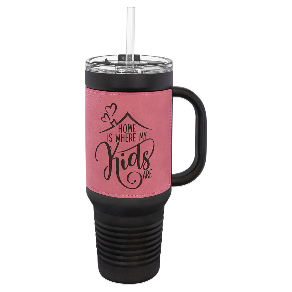 Black with Pink Leatherette 40 oz. Travel Mug with Straw