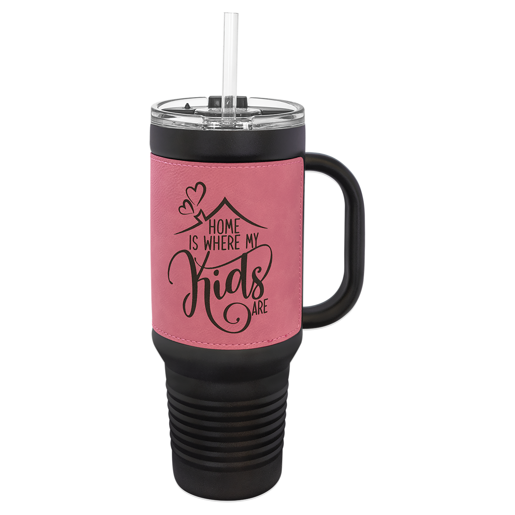 Black with Pink Leatherette 40 oz. Travel Mug with Straw