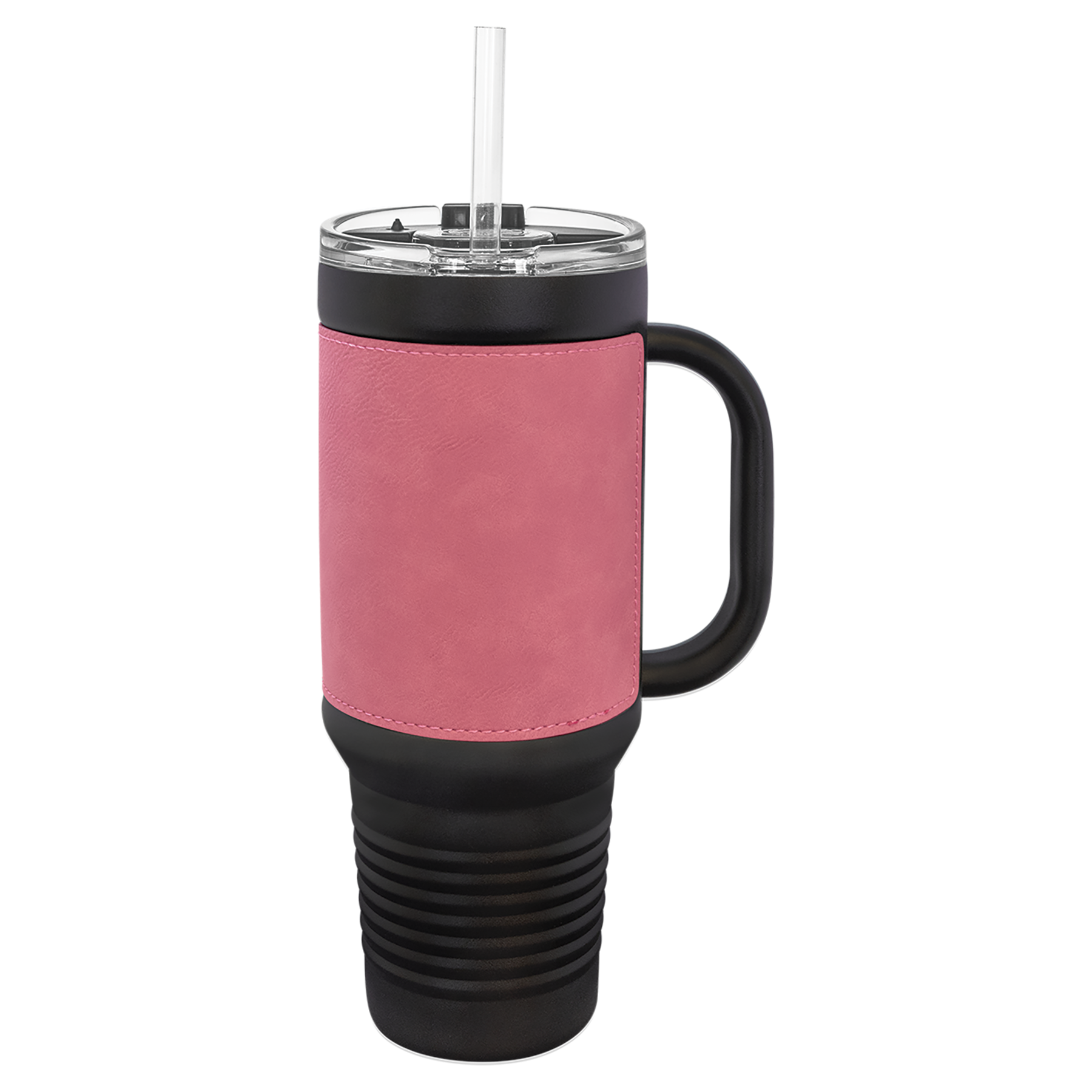 Black with Pink Leatherette 40 oz. Travel Mug with Straw