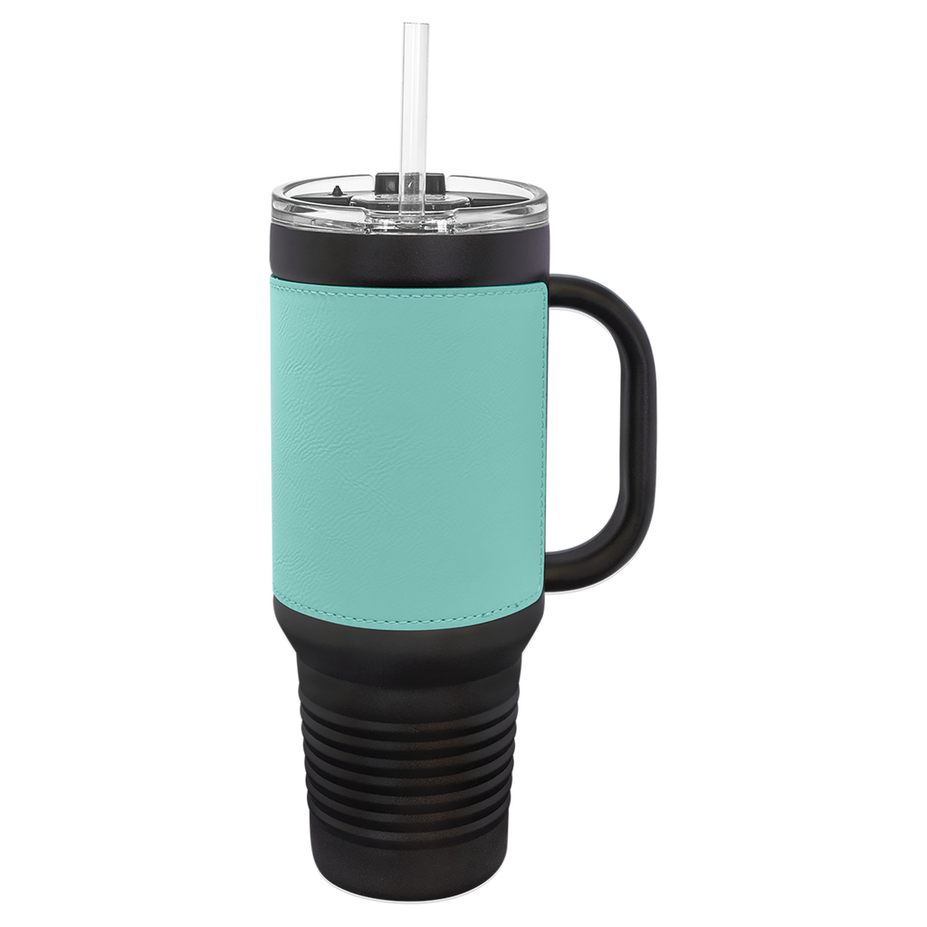 Black with Teal Leatherette 40 oz. Travel Mug with Straw