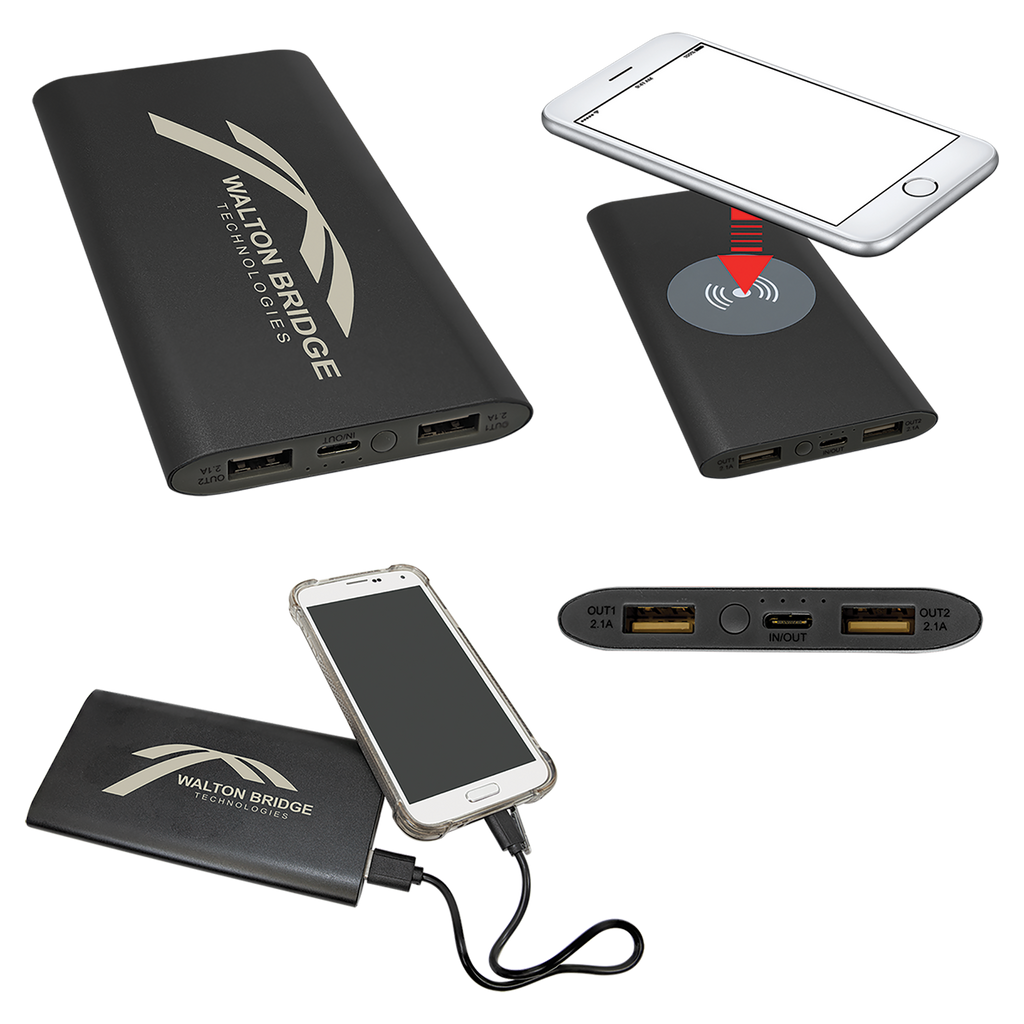 Black 8000MAH Power Bank & Wireless Anodized Aluminum Charger with USB-C Cord