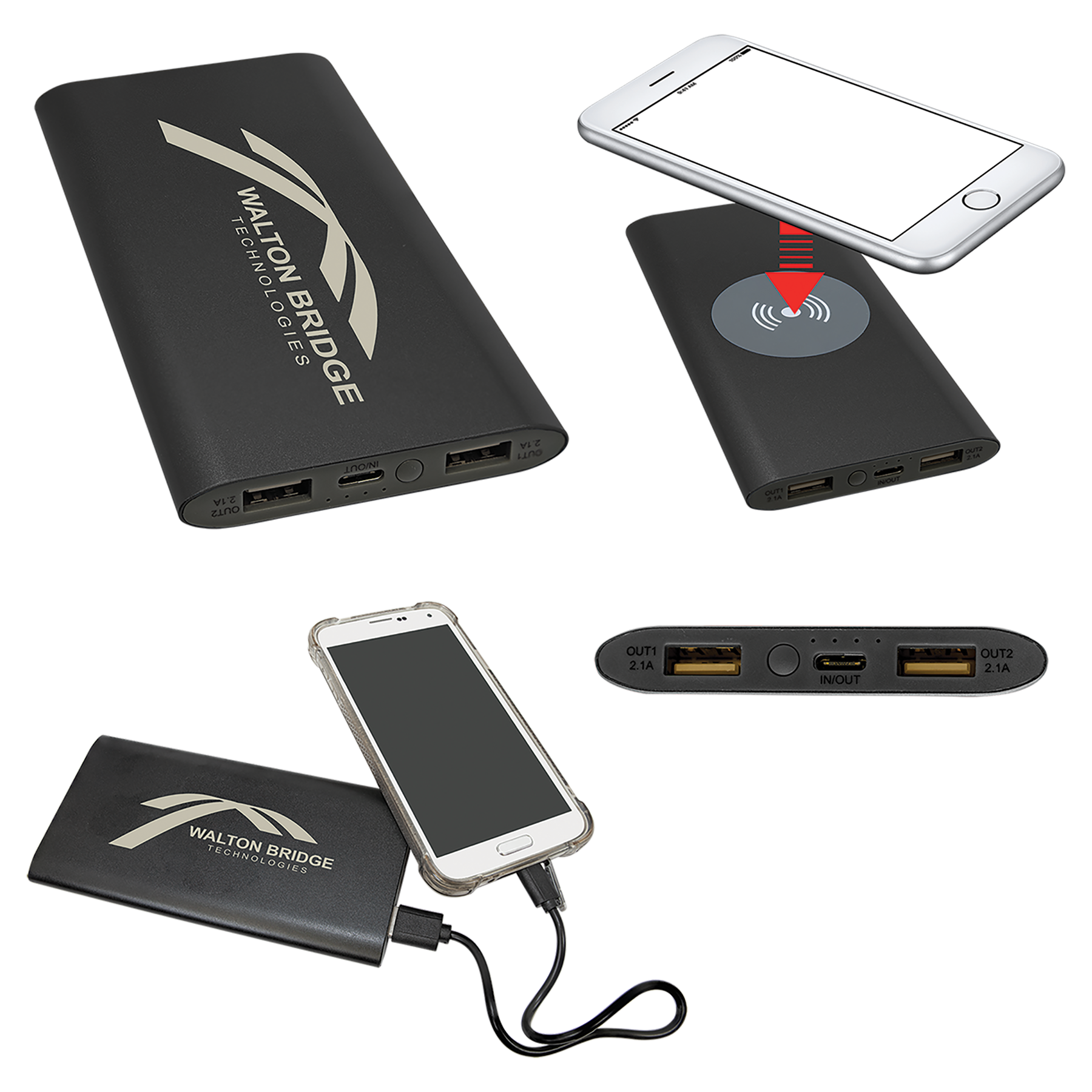 Black 8000MAH Power Bank & Wireless Anodized Aluminum Charger with USB-C Cord