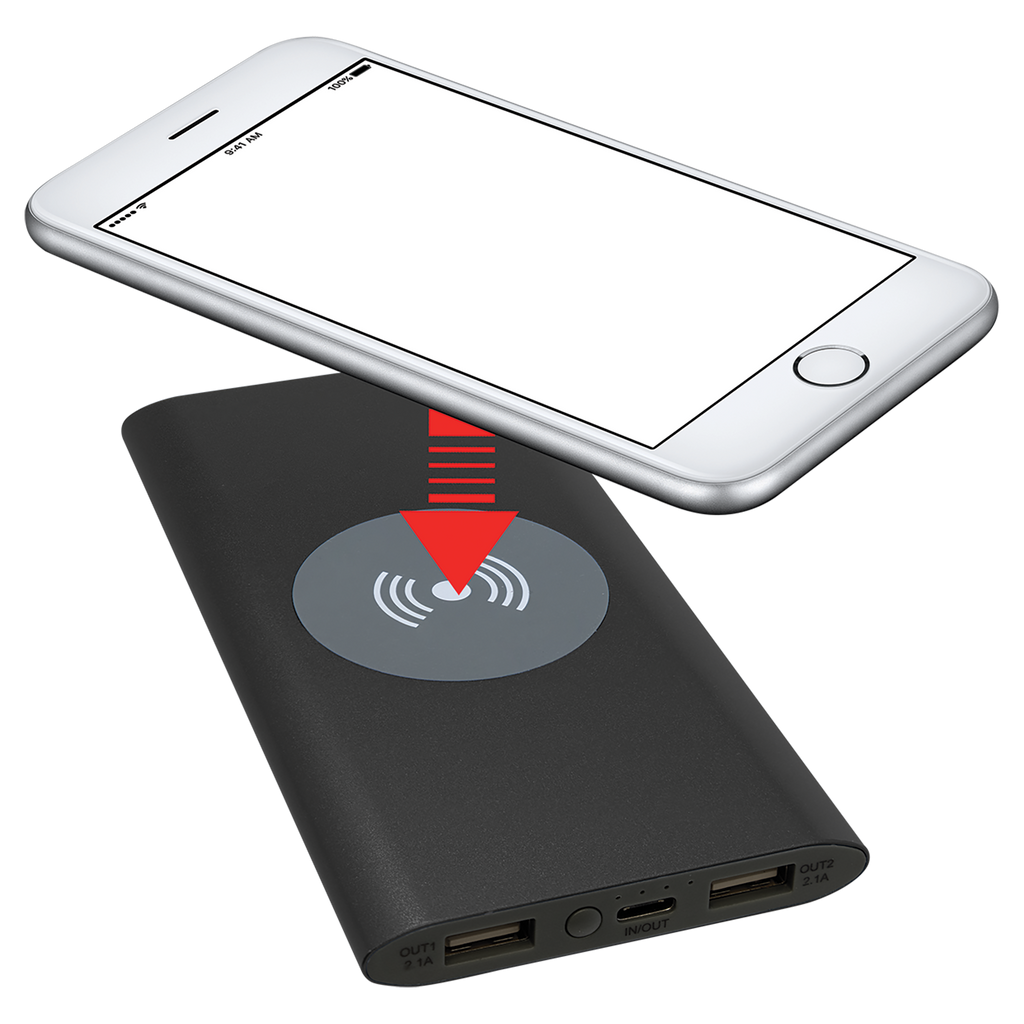 Black 8000MAH Power Bank & Wireless Anodized Aluminum Charger with USB-C Cord