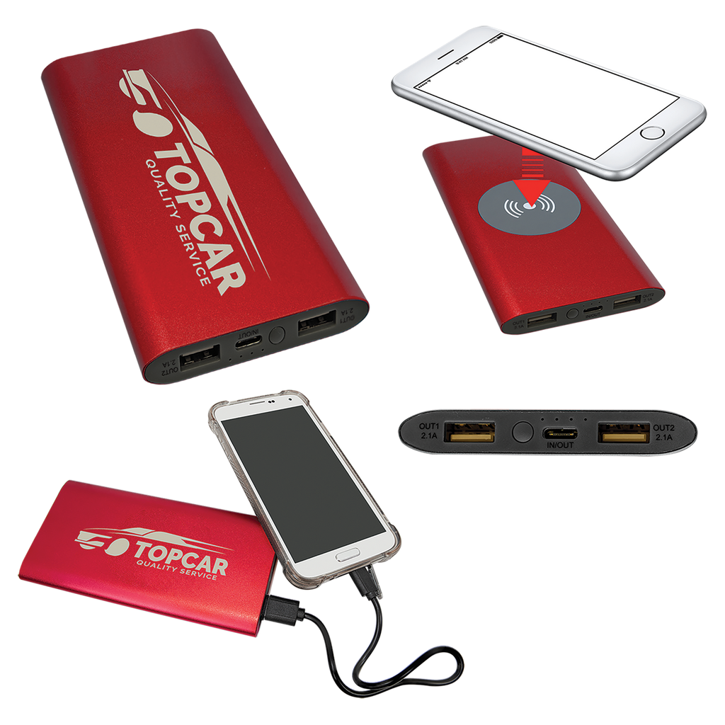 Red 8000MAH Power Bank & Wireless Anodized Aluminum Charger with USB-C Cord