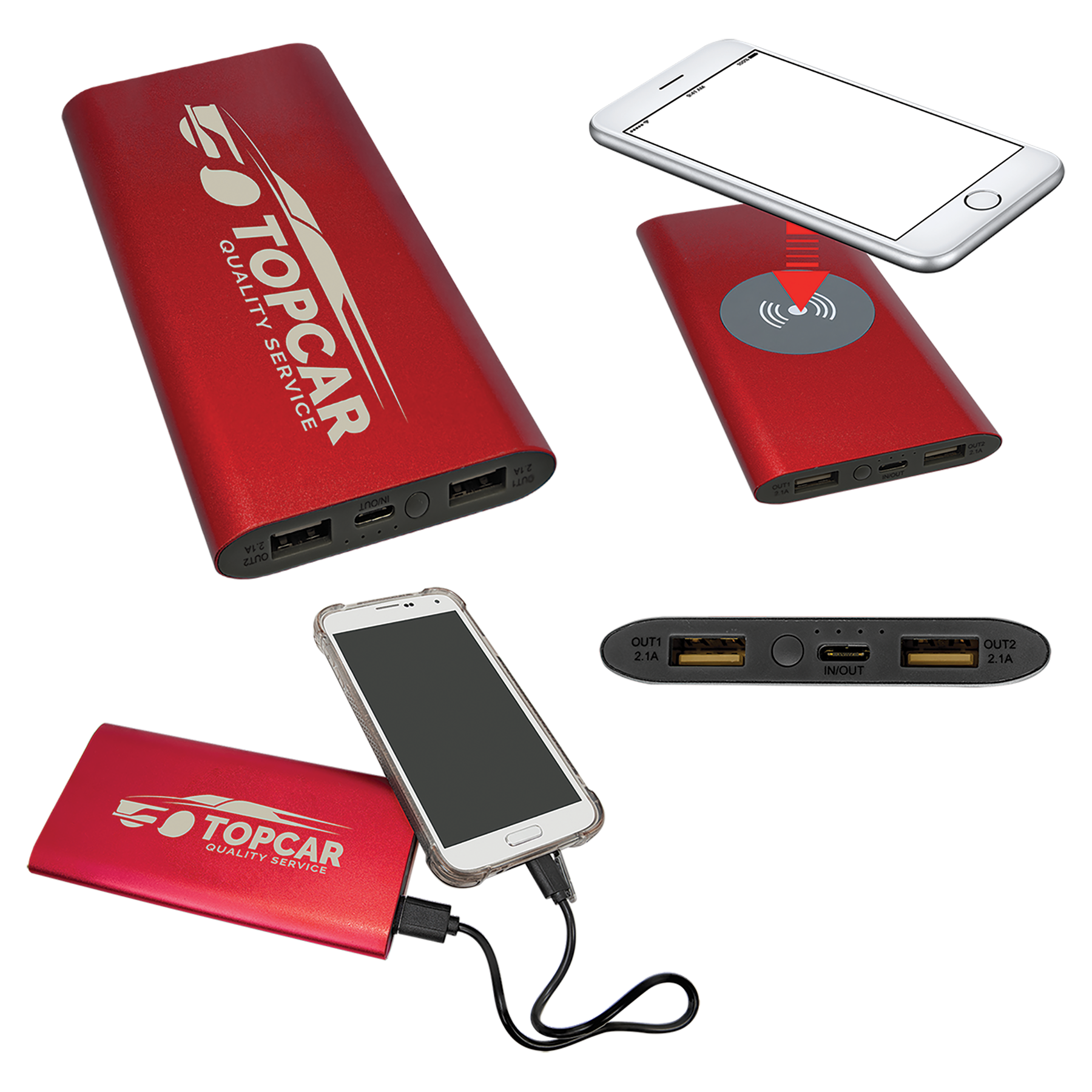 Red 8000MAH Power Bank & Wireless Anodized Aluminum Charger with USB-C Cord