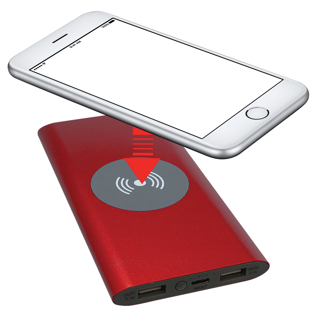 Red 8000MAH Power Bank & Wireless Anodized Aluminum Charger with USB-C Cord