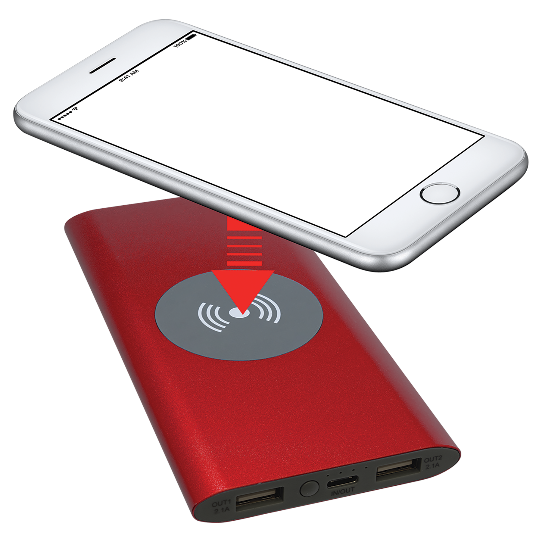 Red 8000MAH Power Bank & Wireless Anodized Aluminum Charger with USB-C Cord
