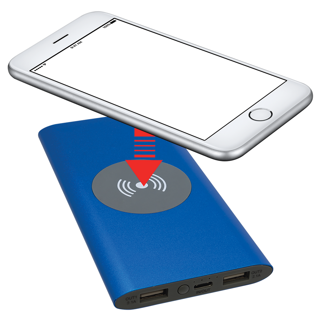 Blue 8000MAH Power Bank & Wireless Anodized Aluminum Charger with USB-C Cord