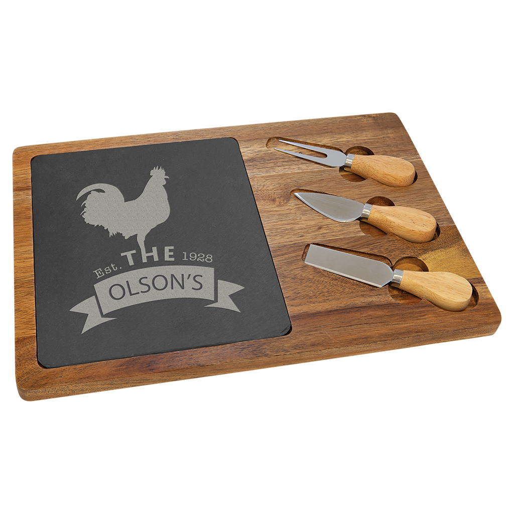 Acacia Wood with Slate Serving Board Includes Cheese Tools
