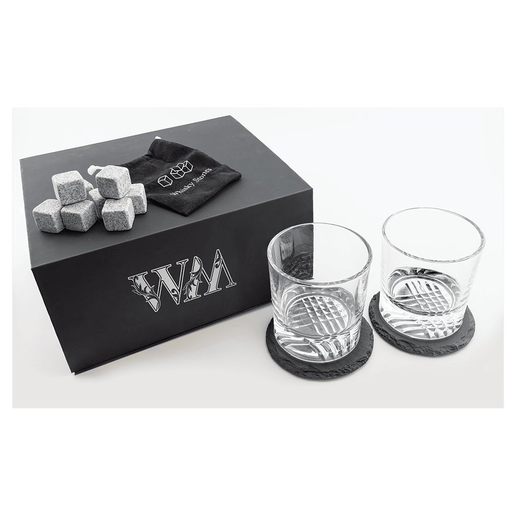 Lazerburst Whiskey Set with Two 9 oz. Glasses, Two 4" Slate Coasters, and Eight Granite Whiskey Stones