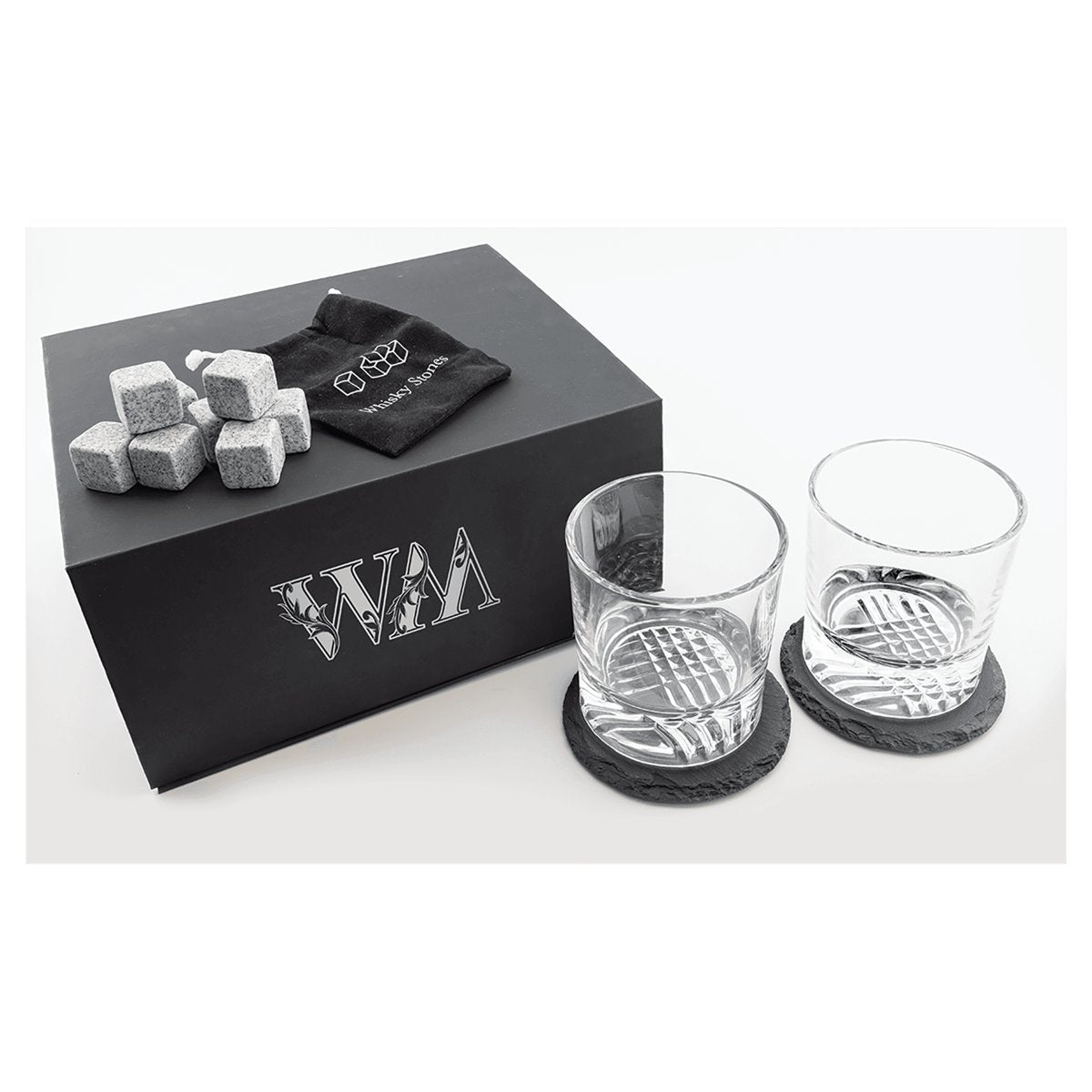Lazerburst Whiskey Set with Two 9 oz. Glasses, Two 4" Slate Coasters, and Eight Granite Whiskey Stones