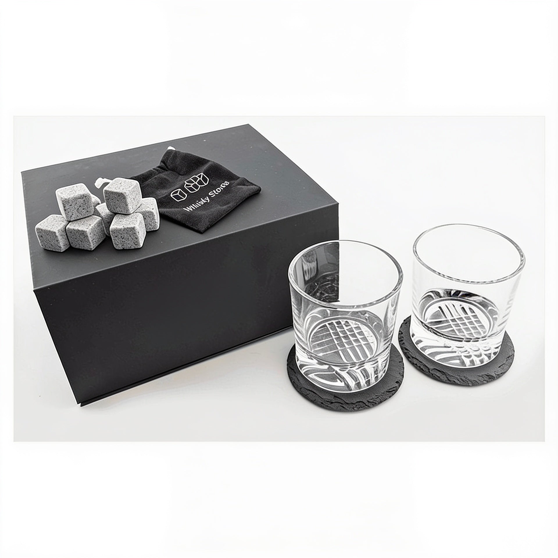 Lazerburst Whiskey Set with Two 9 oz. Glasses, Two 4" Slate Coasters, and Eight Granite Whiskey Stones blank-preview